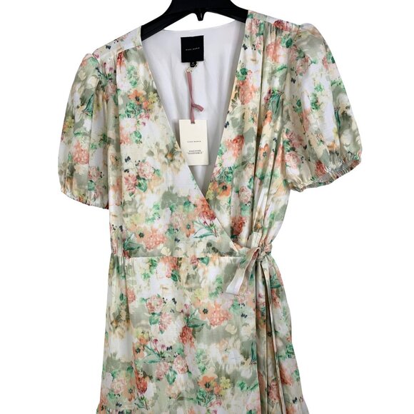 Alex Marie Pink Floral Wrap Midi Dress Tiered Puff Short Sleeves Sz 12 RD10175 - Picture 7 of 11